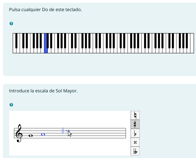 En la primera pregunta hay un teclado donde el alumno puede seleccionar cualquier tecla. En la segunda, el alumno puede añadir notas a un pentagrama