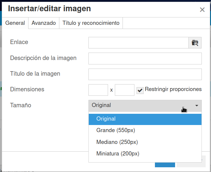 Configuración del tamaño de la imagen en el Administrador de contenidos de EducaMadrid.