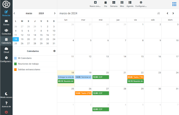Varios calendarios configurados en el correo web.